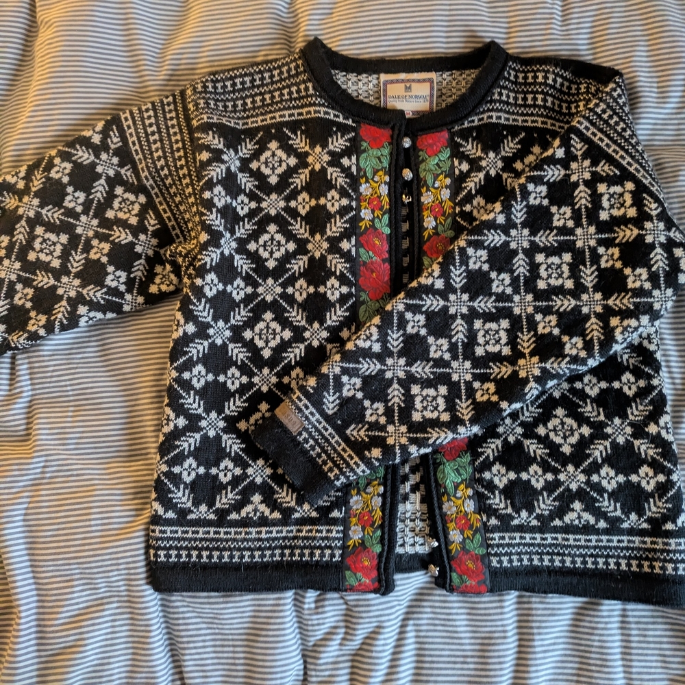 Black and White Patterned Cardigan with Floral Accents